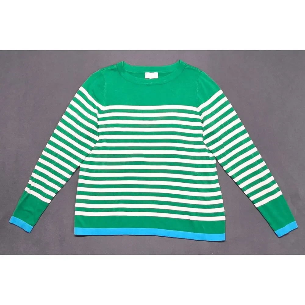 Belle by Kim Gravel Sweater Women’s M Green White Blue Stripes Knit Lightweight